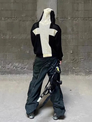 AIDASE  -  Mens Clothing Cross Hollow Wool Knit Hooded Shoulder High Street Loose Sweater Hoodie Zipper Jacket Autumn/Spring ropa hombre aidase-shop